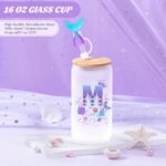 Birthday Gifts for 4 5 6 7 8 9 10 11 12 Year Old Girls Monogrammed Initial Glass Cups,16oz Glass Cups with lid and straw, Personlized Valentine Mermaid Gifts for Kids Girls Purple M - Image 4