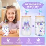 Birthday Gifts for 4 5 6 7 8 9 10 11 12 Year Old Girls Monogrammed Initial Glass Cups,16oz Glass Cups with lid and straw, Personlized Valentine Mermaid Gifts for Kids Girls Purple M - Image 5
