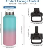 Volhoply 32 oz Water Bottles Bulk 2 Pack with Straw Lid & Spout Lid,Insulated Sports Water Bottle,Double Wall Vacuum Stainless Steel Cups,Leakproof Wide Mouth Metal Flask for Travel(Assorted,2) - Image 5