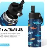 Shark Gift for Kids - 16oz Kids Water Bottle with Straw Lid, Stainless Steel Insulated Tumbler, Leak Proof, BPA - Free, Sport Bottles for School, Travel, Sea Fishes Children Birthday Gift Cup (1pc) - Image 3