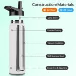 DOMICARE Insulated Water Bottle, 22 oz Vacuum Insulated Stainless Steel Reusable Sports Bottle with Straw Lid & Spout Lid for Travel, Camping, Bike, Leakproof, White, 4 Pack - Image 3