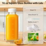 Ruckae 16oz 12 Pack Glass Juice Bottles with Lids - Reusable Square Glass Juice Bottles with Leak-Proof Lid & Capacity Marks for Containers Juicing,Milk,Smoothies - Image 4