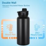 VEGOND 32 oz Insulated Water Bottle Stainless Steel Metal Water Bottles with Leak Proof Straw Lid & Spout Lid, Wide Mouth Double Walled Vacuum Travel Sports Bottle, Black - Image 4