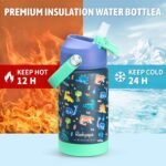 rockpapa 14 oz Kids Insulated Water Bottle，Stainless Steel Toddler Cups with Straws, BPA Free, Leak-Proof, Kids Water Bottle for School Boys& Girls (Blue Dinosaur) - Image 4