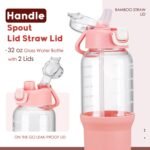 SIEROZUR 32 oz Glass Tumbler with Straw, Glass Water Bottles with 2 Lids-Handle Spout Lid & Straw Lid, 1 Liter Motivational Water Bottles, Silicone Sleeve, Fits Car Cup Holder,Pink - Image 3
