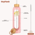 Glass Water Bottles 32 oz - Motivational Drinking Glass Water Bottle with Silicone Sleeve, Straw & 2 Bamboo Lids - 1 Liter Clear Borosilicate Daily Intake Tumbler with Time Marker - Pink - Image 3