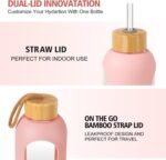 Glass Water Bottles 32 oz - Motivational Drinking Glass Water Bottle with Silicone Sleeve, Straw & 2 Bamboo Lids - 1 Liter Clear Borosilicate Daily Intake Tumbler with Time Marker - Pink - Image 4