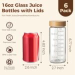 16oz Round Glass Juice Bottles with Lids, 6 Pack Reusable Juice Containers with Bamboo Lids, Glass Juicing jars with 4 Straws & 2 Airtight Lid with Hole for Drinking - Image 3