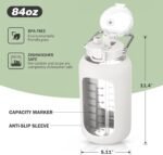 MUKOKO 84oz Glass Water Bottle with Time Marker and Silicone Sleeve 2.5L Water Jug with Stainless Steel Handle Gallon Drinking Bottle with 2-in-1 Lid Wide Mouth BPA Free, White - Image 6