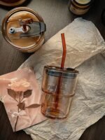 13oz Glass Tumbler with Straw and Lid, Reusable Iced Coffee Cup Tumbler, Cute Glass Cups for Water, Matcha, Travel Coffee Mugs (Amber - 13oz) - Image 4