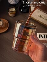 13oz Glass Tumbler with Straw and Lid, Reusable Iced Coffee Cup Tumbler, Cute Glass Cups for Water, Matcha, Travel Coffee Mugs (Amber - 13oz) - Image 5