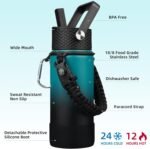 BJPKPK Water Bottle with Straw Lid, 18oz Insulated Water Bottles with 3 Lids, Paracord Handle & Non-slip Boot, Metal Stainless Steel Thermal Flasks, BPA Free Leak Proof Tumblers,Army Green & Black - Image 3