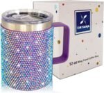 12oz Bling Travel Coffee Mug with Handle and Lid Rhinestone Insulated Coffee Mug Stainless Steel Vacuum Reusable Glitter Coffee Tumbler Thermal Cup for Home and Office (Purple) - Image 3