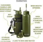 40 Oz Water Bottle with Strap Stainless Steel Sports Water Bottle with 3 Lids (Straw, Chug and Flip Lid) Insulated Leak Proof Metal Jug for Men & Women - Army Green - Image 4