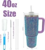 40oz Bling Tumbler with Handle and Straw Lid Rhinestone Studded Tumbler Cups Vacuum Insulated Stainless Steel Double Wall Water Bottle Travel Mug Gifts for Women Her (Purple) - Image 3