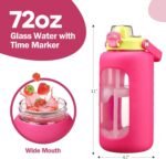 72oz Glass Water Bolttles, 3-in-1 Straw and Sip Spout Handle Lid, Half Gallon Water Bottle with Time Marker and Silicone Sleeve, BPA-Free Sports Water Bottle for Gym, School, Bright Pink - Image 3