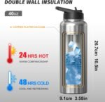 40oz Insulated Water Bottle (Cold for 48 Hrs),BPA Free&Leak Proof,Stainless Steel Water Flask,Water Jug with Straw Spout Lids for Gym,Hiking,Travel,Stainless - Image 3
