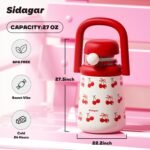27 oz Insulated Tumbler with Flip Straw, Water Bottle with Handle and Lid, Kids Stainless Steel Vacuum Travel Mug, Leak-Proof, Cute Cups for Women School Birthday Gift, Cherry - Image 3