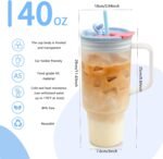 40oz Frosted Plastic Tumbler with Handle and Straw Lid, Reusable Large Iced Coffee Cup Travel Mug for Cold Drinks, Clear Acrylic Tumbler Cup for Smoothies, Tea, Juice, Office & Outdoor Use - Blue - Image 3