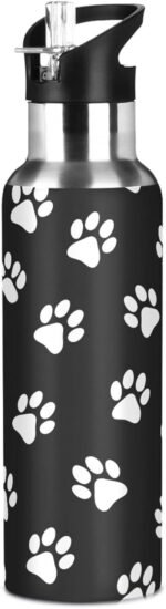 AUUXVA Sports Water Bottles Dog Paw Print Black White Vacuum Insulated Stainless Steel Water Bottle with Straw Lid for Travel Fitness Outdoor Sports Gym, 20 oz - Image 5