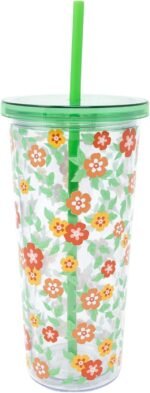 Martha Stewart Double Wall Tumbler with Lid and Reusable Straw, Floral Plastic Cup, Insulated Travel Cup Holds 24 Ounces, Floral Cloud Dancer - Image 3