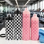 Magnetic Water Bottle with Straw 18 oz - Stainless Steel Insulated Tumbler for Gym & Bike (Fits Holders) - Leak Proof Pop-Up Lid, 2-in-1 Sip or Chug, Handle & Cute Black Checkered Print - Image 7
