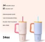 CAROTE 2-Pack Insulated Stainless Steel Water Bottles with Handle, Travel Tumblers with Straw for Sports & Daily, 34 oz Heart Paradise Straw Tumbler Set of Two (Pink & Blue) - Image 3