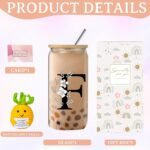 Monogrammed Initial Glass Cup with Lids and Straws, Personalized Gift Set with Doll, 16 Oz Ice Coffee Cup for Women, Birthday Christmas Mothers Day Gift for Her, F - Image 3