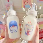 JHTPSLR Strawberry Bear Glass Bottle with Nipple Sippy 11oz Kawaii Water Bottle for Adults School Sports Office Cute Frosted Borosilicate Drinking Bottle Portable Jug (C) - Image 3