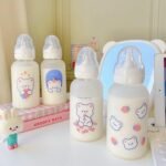 JHTPSLR Strawberry Bear Glass Bottle with Nipple Sippy 11oz Kawaii Water Bottle for Adults School Sports Office Cute Frosted Borosilicate Drinking Bottle Portable Jug (C) - Image 4