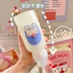 JHTPSLR Strawberry Bear Glass Bottle with Nipple Sippy 11oz Kawaii Water Bottle for Adults School Sports Office Cute Frosted Borosilicate Drinking Bottle Portable Jug (C) - Image 6