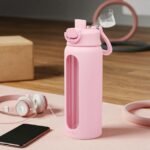 SANDJEST Glass Water Bottle with Silicone Sleeve 24oz with Lid, Motivational Time Marker, Drinking Hydration Glass Bottles for Men Women, Gym Travel Sports (Pink) - Image 5