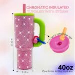 40oz Rhinestone Insulated Tumbler with Handle Bling Cups Stainless Steel Glitter Water Bottle with Leak Proof lid and Straw Travel Mug for Iced or Cold Beverages (Pink Rose) - Image 4
