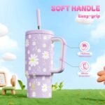 Meoky 24 oz Tumbler with Handle for Kids: Stainless Steel Insulated Tumbler with Handle - Keeps Cold for 24 hours - 100% Leakproof - BPA-Free for Travel Car Cupholders - Girls Students, Purple Daisy - Image 6