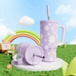 Meoky 24 oz Tumbler with Handle for Kids: Stainless Steel Insulated Tumbler with Handle - Keeps Cold for 24 hours - 100% Leakproof - BPA-Free for Travel Car Cupholders - Girls Students, Purple Daisy - Image 8