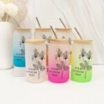 Birth Flower Glass Cup with Bamboo Lid Customized Birthflower Glass Tumbler with Name Graduation Retirement Gifts for Wife June Travel 16oz Glass Water Bottle - Image 3