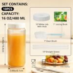 Ruckae 16oz Juice Bottles,Ribbed Glass Juicing Bottles with Lids,Smoothie Cup Lids and Straws,Water Bottle Mason Jar Drinking Glasses for Juicing,Smoothies,Kombucha (Clear-10 pack) - Image 3