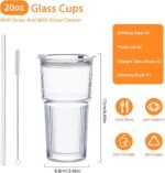 20oz Glass Tumblers with Lids and Straws, Set of 2 - Stylish Ribbed Design Drinking Glasses for Iced Coffee Cups, Juice, Smoothies, Cold Beverages, Includes Cleaning Brush, Durable Glassware - Image 3