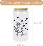 Birth Flower Can Shaped Glass with Bamboo Lid And Straw Personalized Birthflower Glass Water Bottle with Name Graduation Birthday Gifts for Wife Birth Flower Home 16oz Glass Cup - Image 4