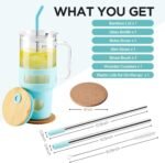 Glass Tumbler with Straw and Lid, 40oz Reusable Iced Coffee Tumbler with Handle Blue, Glass Water Bottles Fit in Cup Holder, Smoothie Cup with Lid, Clear Water Bottle with Straw - Image 3