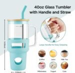Glass Tumbler with Straw and Lid, 40oz Reusable Iced Coffee Tumbler with Handle Blue, Glass Water Bottles Fit in Cup Holder, Smoothie Cup with Lid, Clear Water Bottle with Straw - Image 4