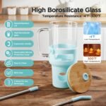 Glass Tumbler with Straw and Lid, 40oz Reusable Iced Coffee Tumbler with Handle Blue, Glass Water Bottles Fit in Cup Holder, Smoothie Cup with Lid, Clear Water Bottle with Straw - Image 5