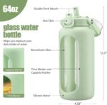 BLUEGO 64oz Glass Water Bottle with Handle and Straw, Motivational Sports Water Bottle with Time Marker and Silicone Sleeve Leakproof Drinking Bottle for Travel Gym Workout, Light Green - Image 3