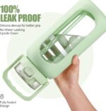 BLUEGO 64oz Glass Water Bottle with Handle and Straw, Motivational Sports Water Bottle with Time Marker and Silicone Sleeve Leakproof Drinking Bottle for Travel Gym Workout, Light Green - Image 4