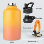 Half Gallon Water Bottle with 2 Lids (Straw & Spout), 304 Stainless Steel Sports Insulated Bottle with Handle, 64 oz Vacuum Double Walled Water Jug with Wide Mouth, BPA Free, Yellow&Orange - Image 4