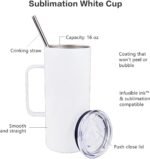 4 Pcs Sublimation Blank Skinny Tumbler 16 OZ White Mugs with Handle and Straw Double Wall Stainless Steel Coffee Travel Straight Mug with Sliding Lid - Image 4
