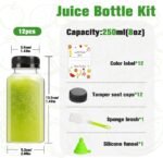 12pcs 8oz Plastic Juice Bottles, Reusable Juice Containers with Black Tamper Proof Lids, Brush, Funnel and Labels, Clear Water Bottles for Juicing, Smoothie and Homemade Beverages - Image 4