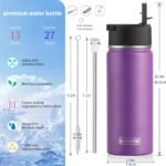 koodee Insulated Water Bottle, 18 oz Stainless Steel Vacuum Wide Mouth Sports Water Bottle with Leak Proof Straw Lid (Purple) - Image 5