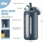 BLUEGO 64oz Glass Water Bottle with Handle and Straw, Motivational Sports Water Bottle with Time Marker and Silicone Sleeve Leakproof Drinking Bottle for Travel Gym Workout, Dark Blue - Image 3