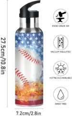 Blue Baseball US Flag Water Bottle with Straw Lid Boys Insulated Stainless Steel Water Flask Sports, 20 Oz Hot Cold - Image 4